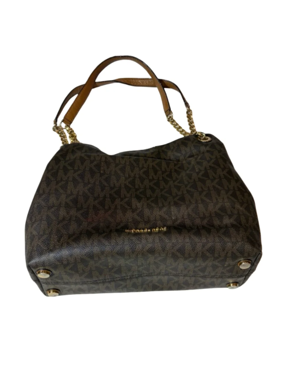 Michael Kors Brown Signature Logo Chain Shoulder Tote Bag Leather Trim